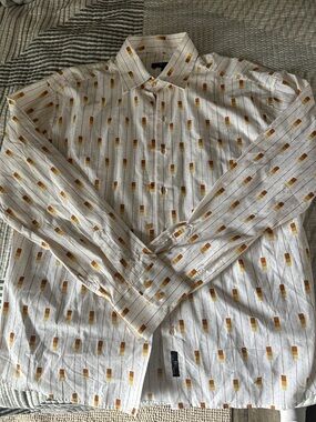 IC COLLECTION White Button-Down Shirt with Mustard Dot-Stripe Print
